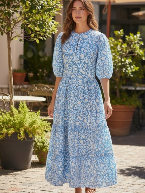 Oliphant Dresses & Skirts - Oliphant Blue Block Print Tiered Maxi XS